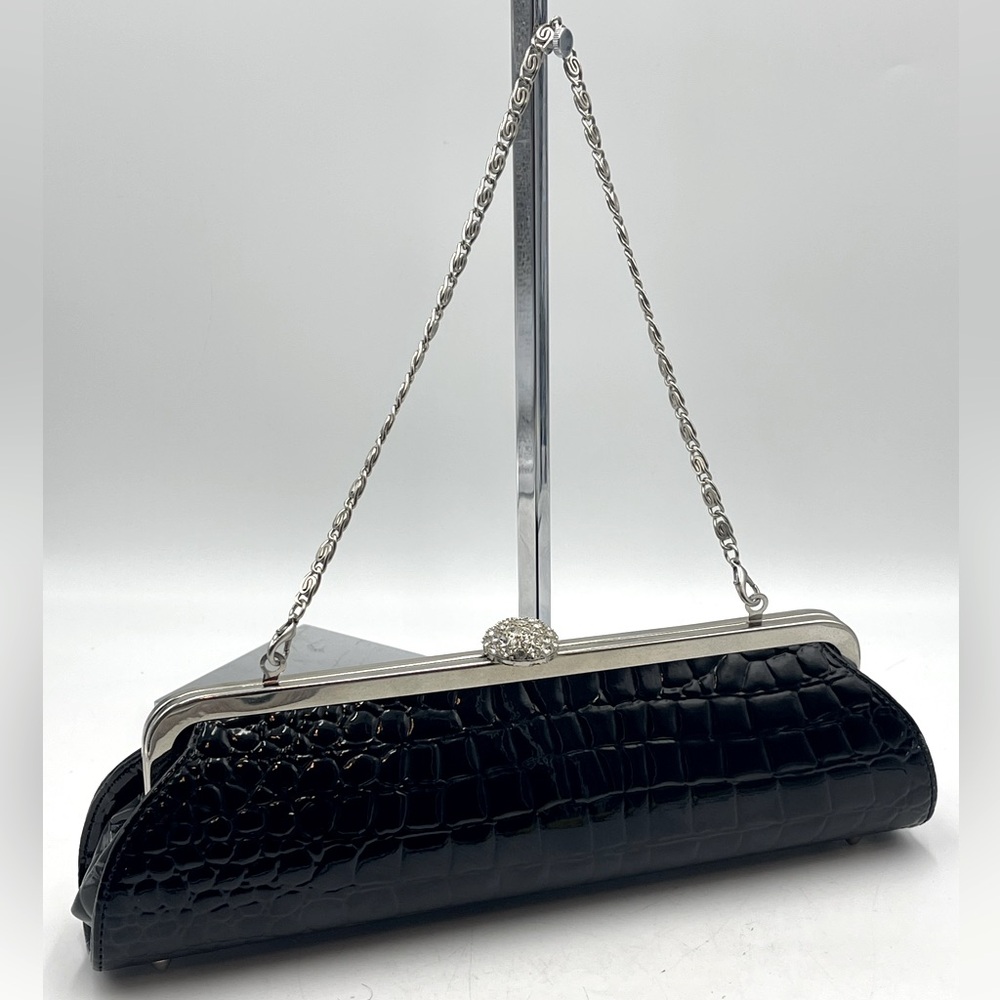 LOVELY N.Y. Clutch Purse: Crystal Clasp Faux Leather Metal Frame & Footed Bottom